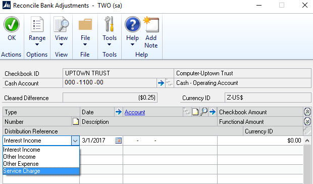 Bank Reconciliation in Microsoft Dynamics GP - Reconcile Bank Adjustments