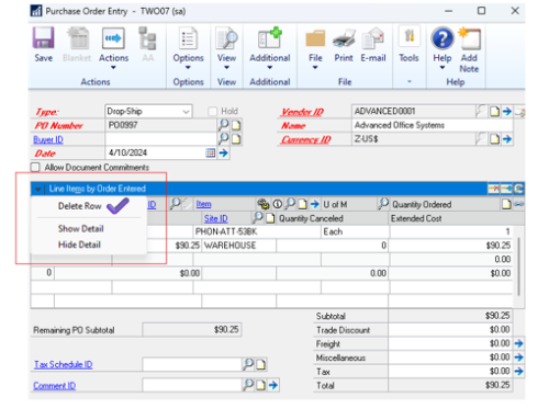 Microsoft Dynamics GP October 2024 Release New Feature – Purchase Order entry delete line option